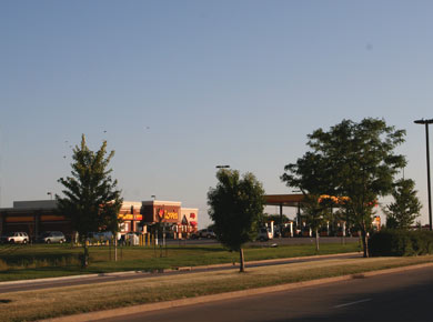 Shot of a Shell Gas Station and Love's Conveniece Store behind trees